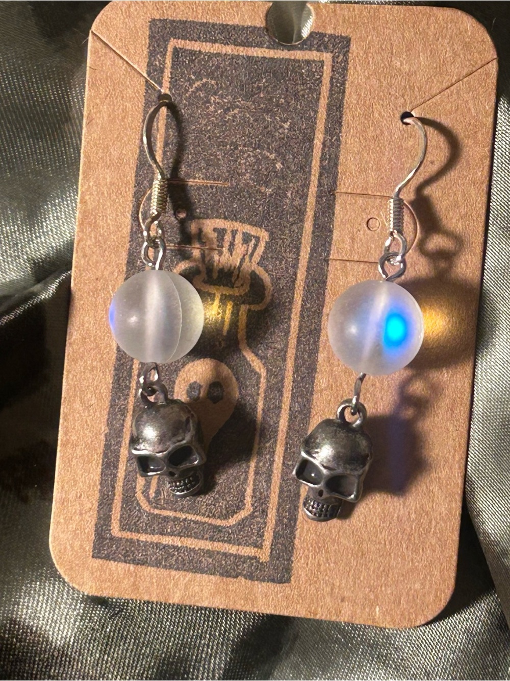 Handmade Skull Drop Earrings with Frosted Iridescent Bead | Witchy Goth